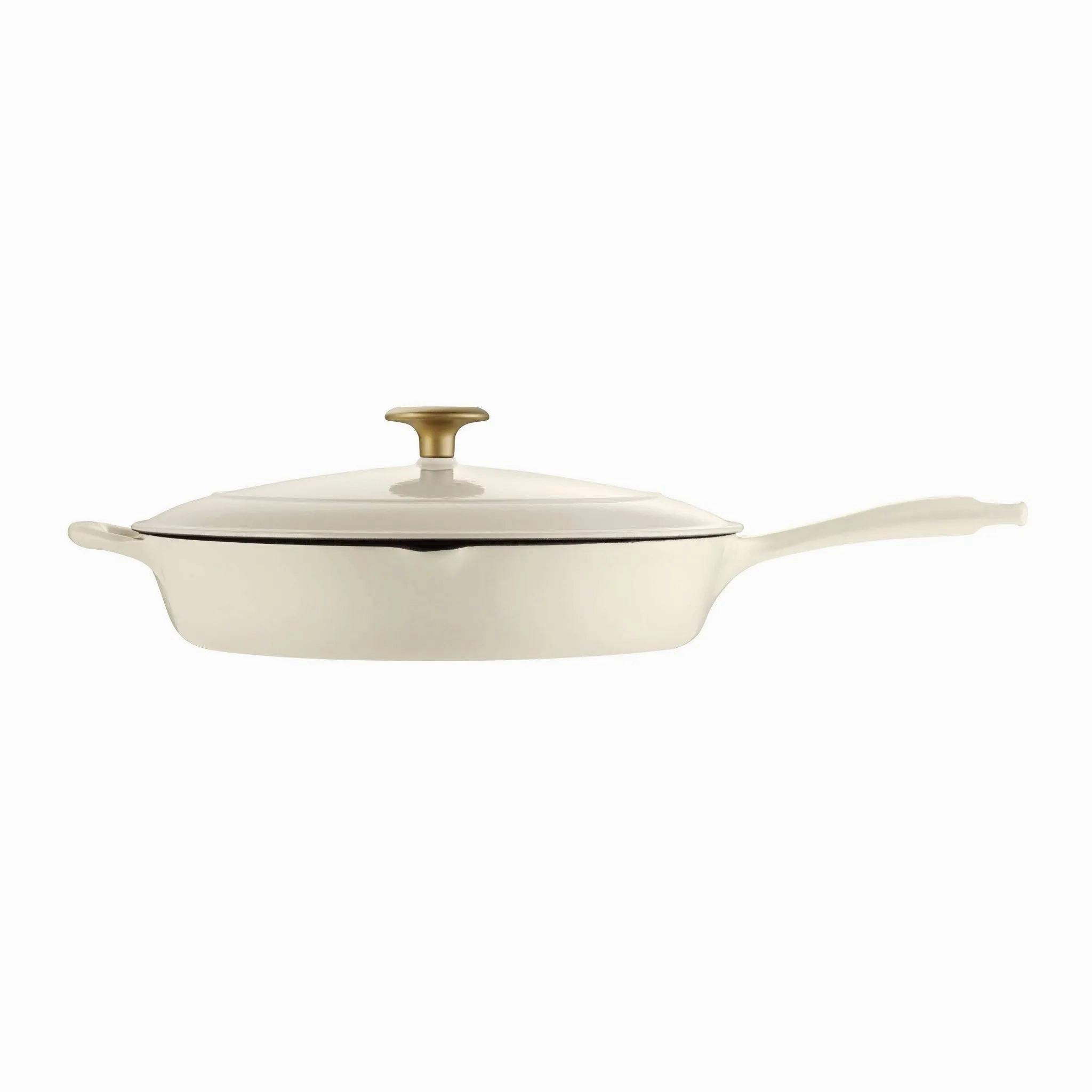 12" Enameled Cast Iron Covered Skillet - Latte: Oven Safe, Porcelain Enamel, Smooth Surface Compatible