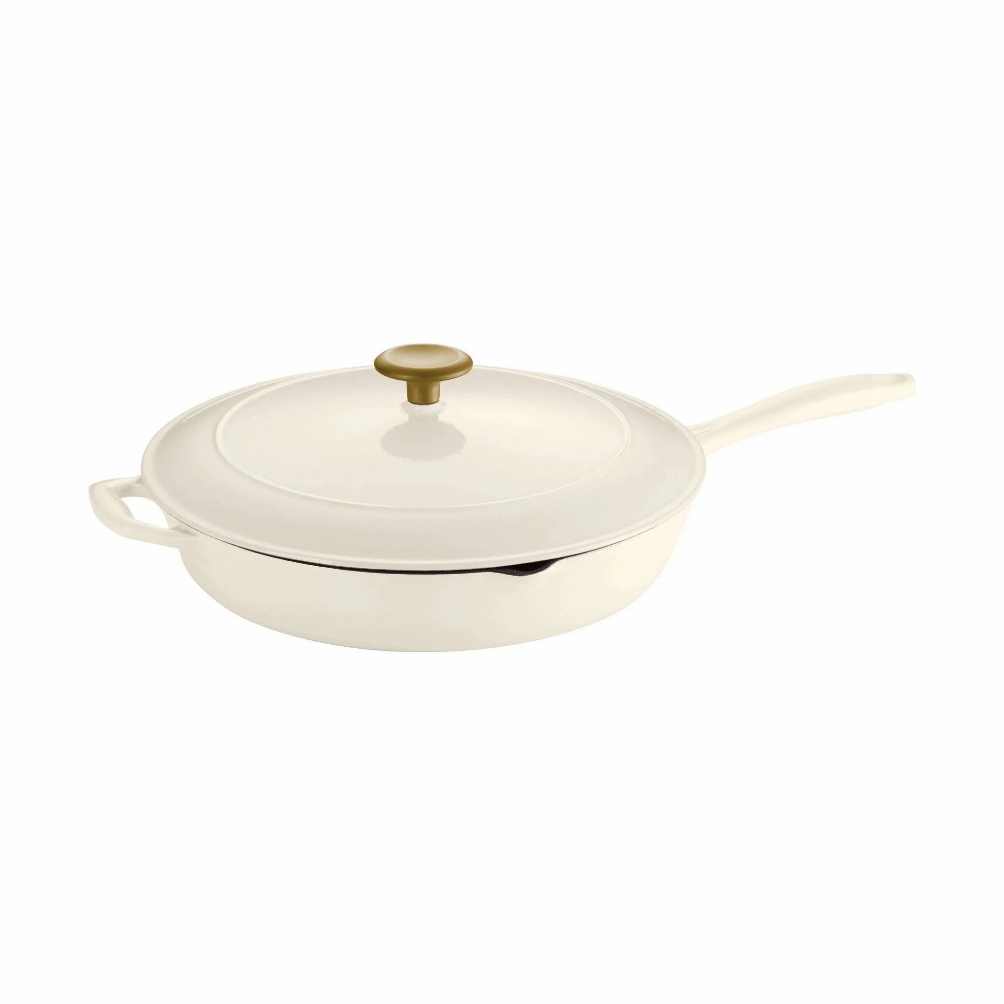 12" Enameled Cast Iron Covered Skillet - Latte: Oven Safe, Porcelain Enamel, Smooth Surface Compatible