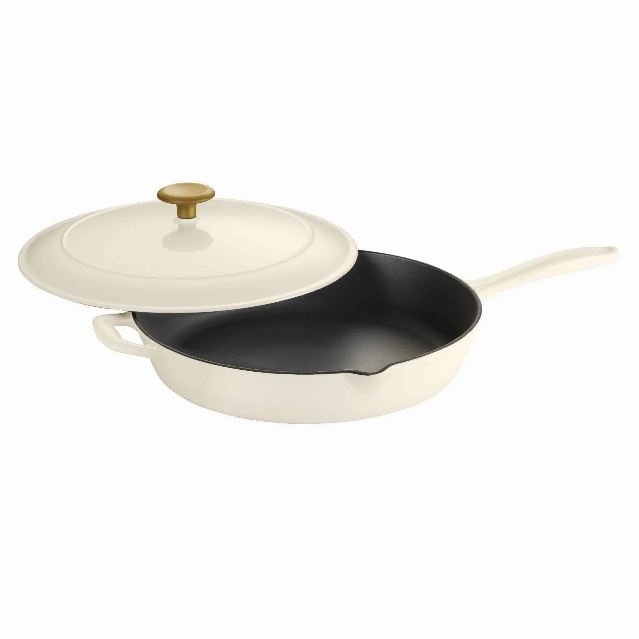 12" Enameled Cast Iron Covered Skillet - Latte: Oven Safe, Porcelain Enamel, Smooth Surface Compatible
