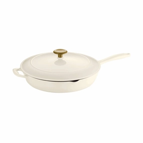 12" Enameled Cast Iron Covered Skillet - Latte: Oven Safe, Porcelain Enamel, Smooth Surface Compatible