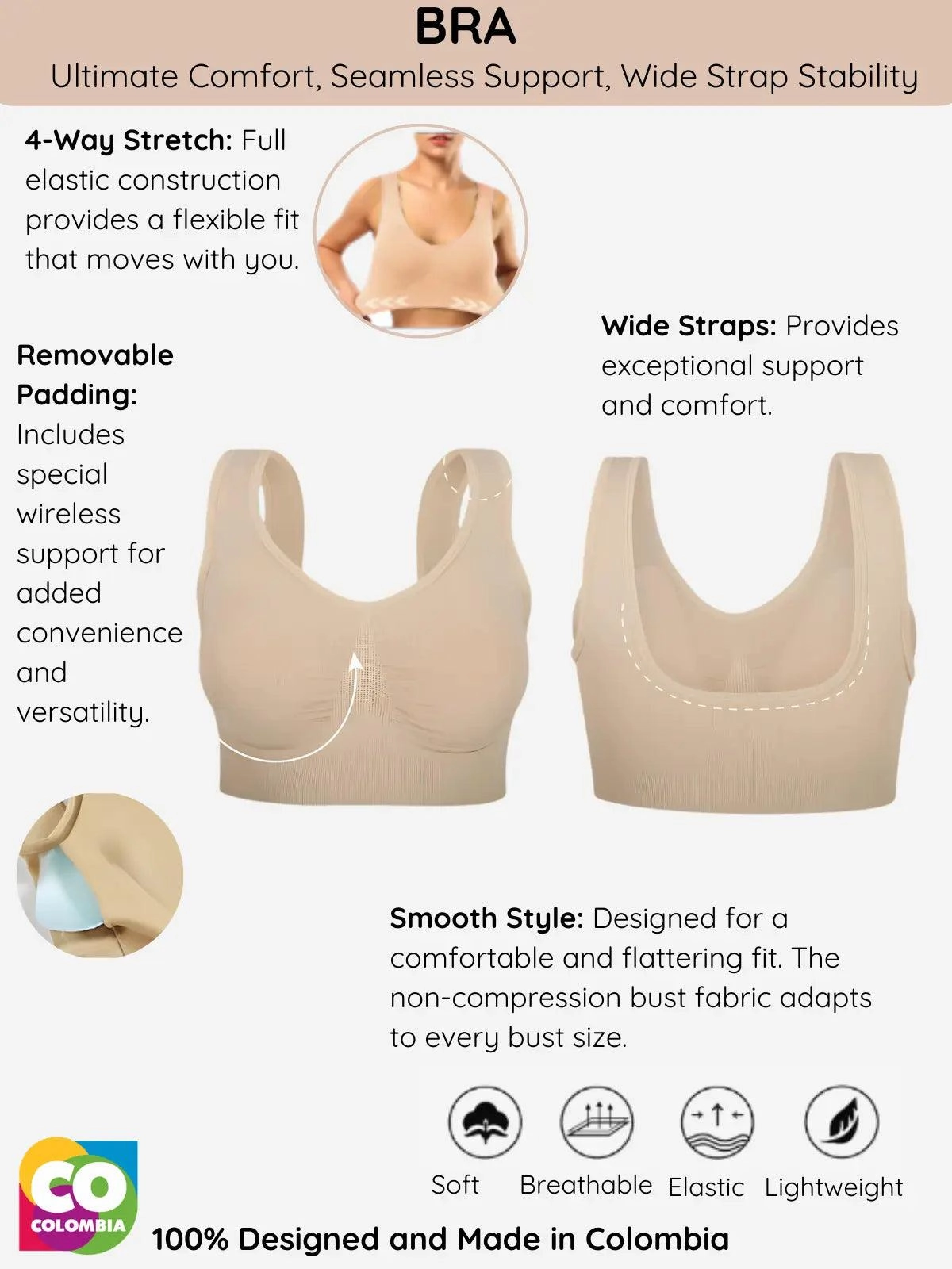 1S8007 4-Way Stretch Wireless Bra with Removable Padding and Wide Straps | Soft, Breathable, and Lightweight | Made in Colombia