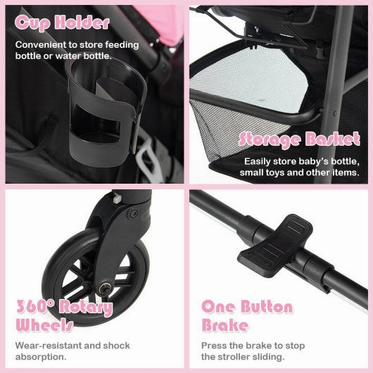2-in-1 Foldable Pushchair Newborn Infant Baby Stroller-Pink