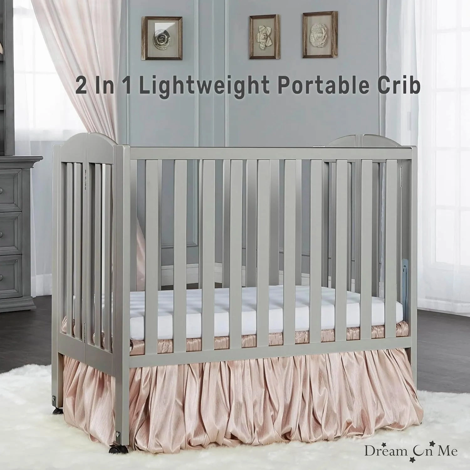 2-in-1 Folding Portable Mini Crib - Cool Grey