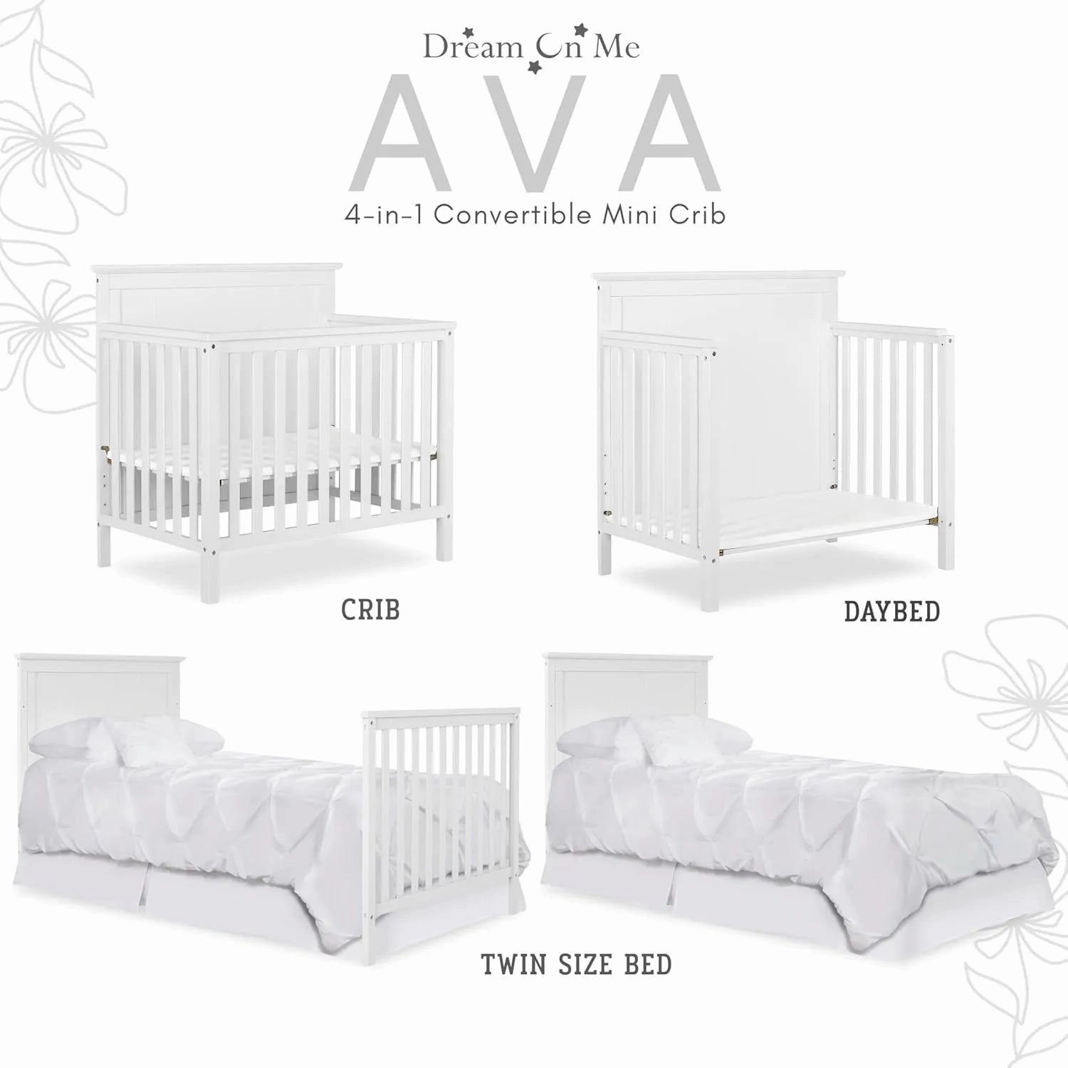 Ava 4-in-1 Convertible Mini Crib in White
