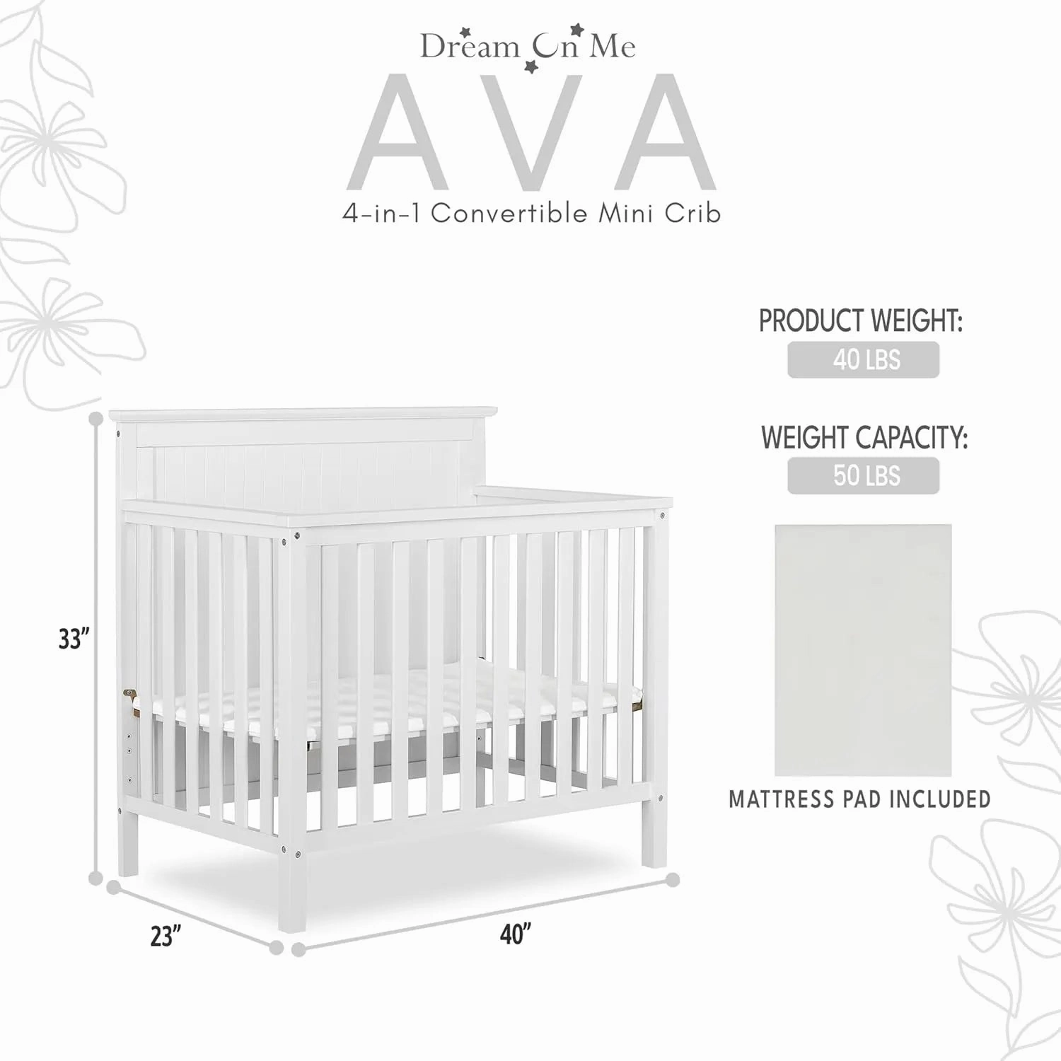 Ava 4-in-1 Convertible Mini Crib in White