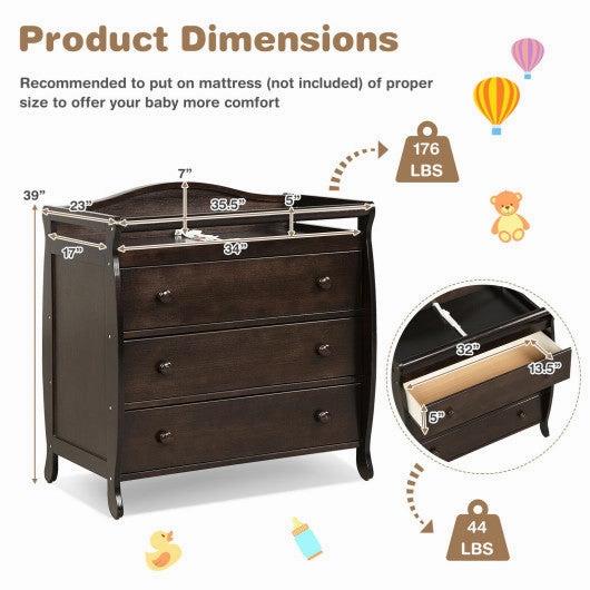 Baby Changing Table Infant Diaper With 3 Drawers and Safety Belt-Brown