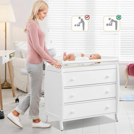 Baby Changing Table Infant Diaper With 3 Drawers and Safety Belt-White