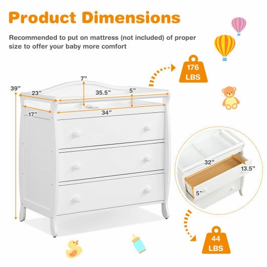 Baby Changing Table Infant Diaper With 3 Drawers and Safety Belt-White