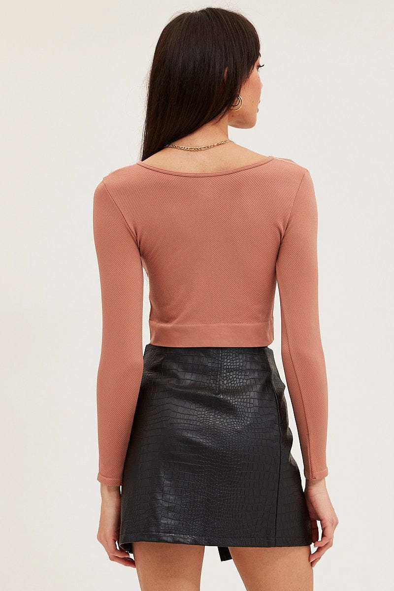 Brown Crop Top Long Sleeve Crew Neck