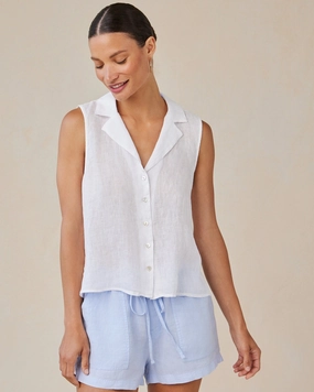 Linen Sleeveless Notch Collar Button Down - White