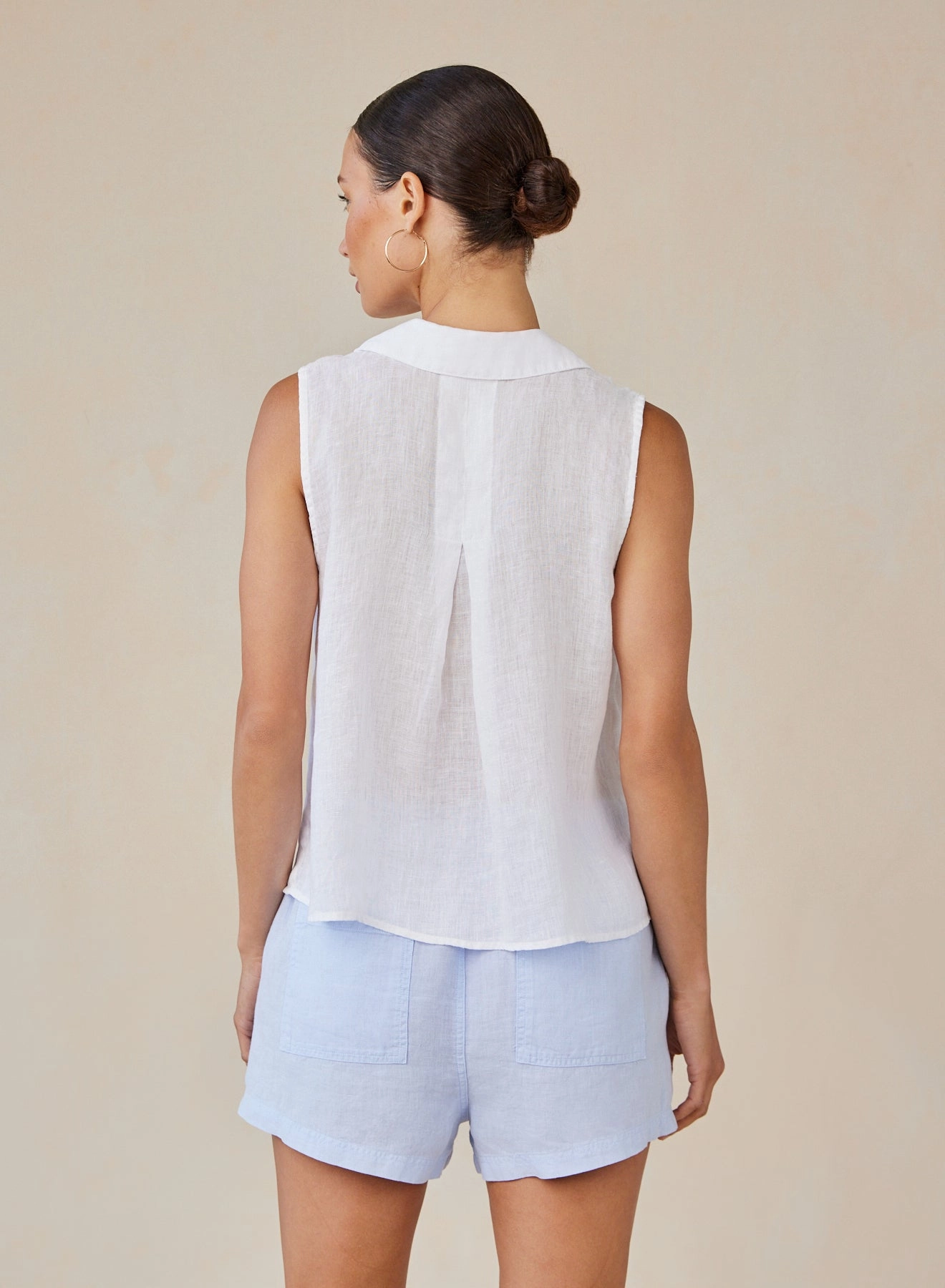 Linen Sleeveless Notch Collar Button Down - White