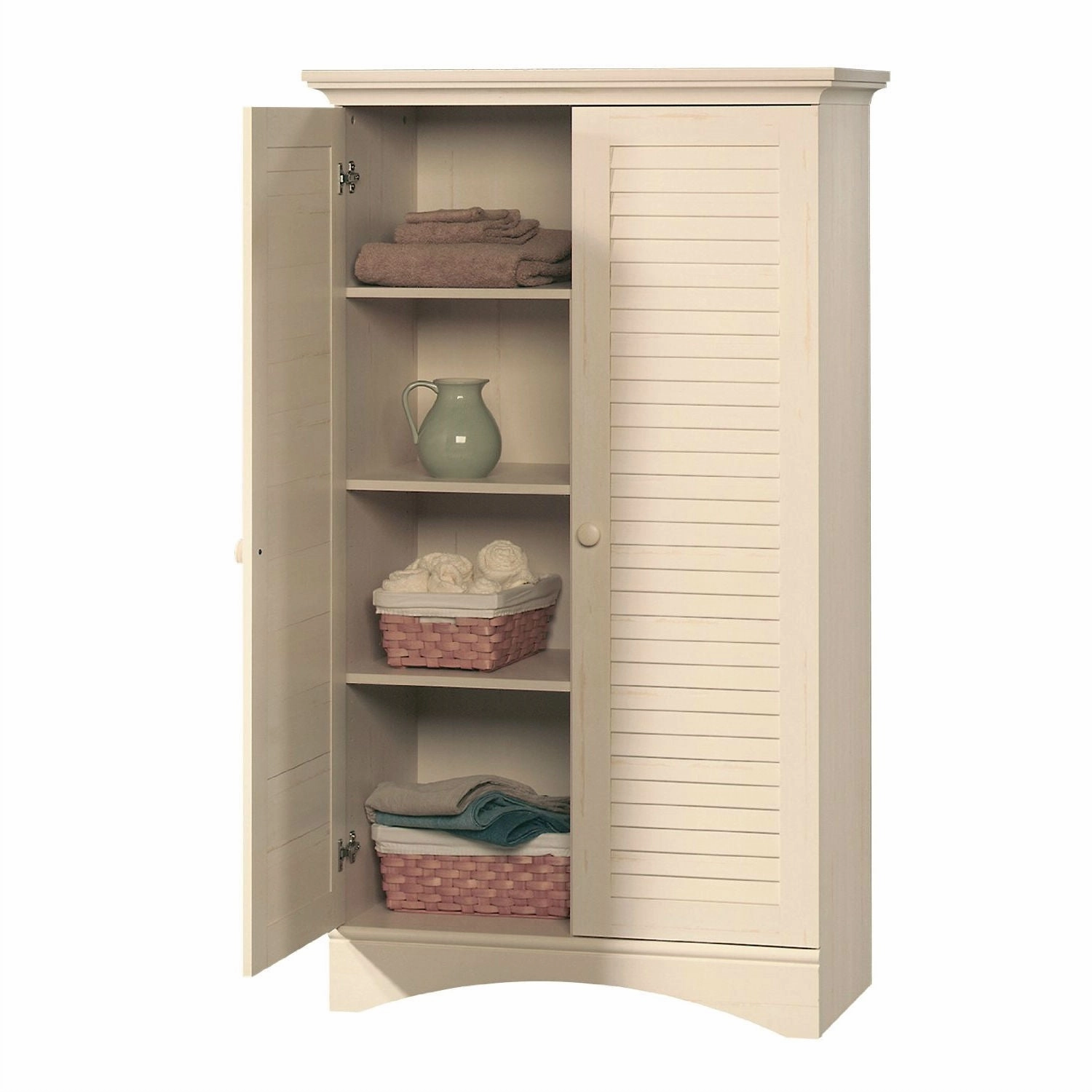 Louver 2-Door Storage Cabinet Bed Bath Armoire Wardrobe in Antique White
