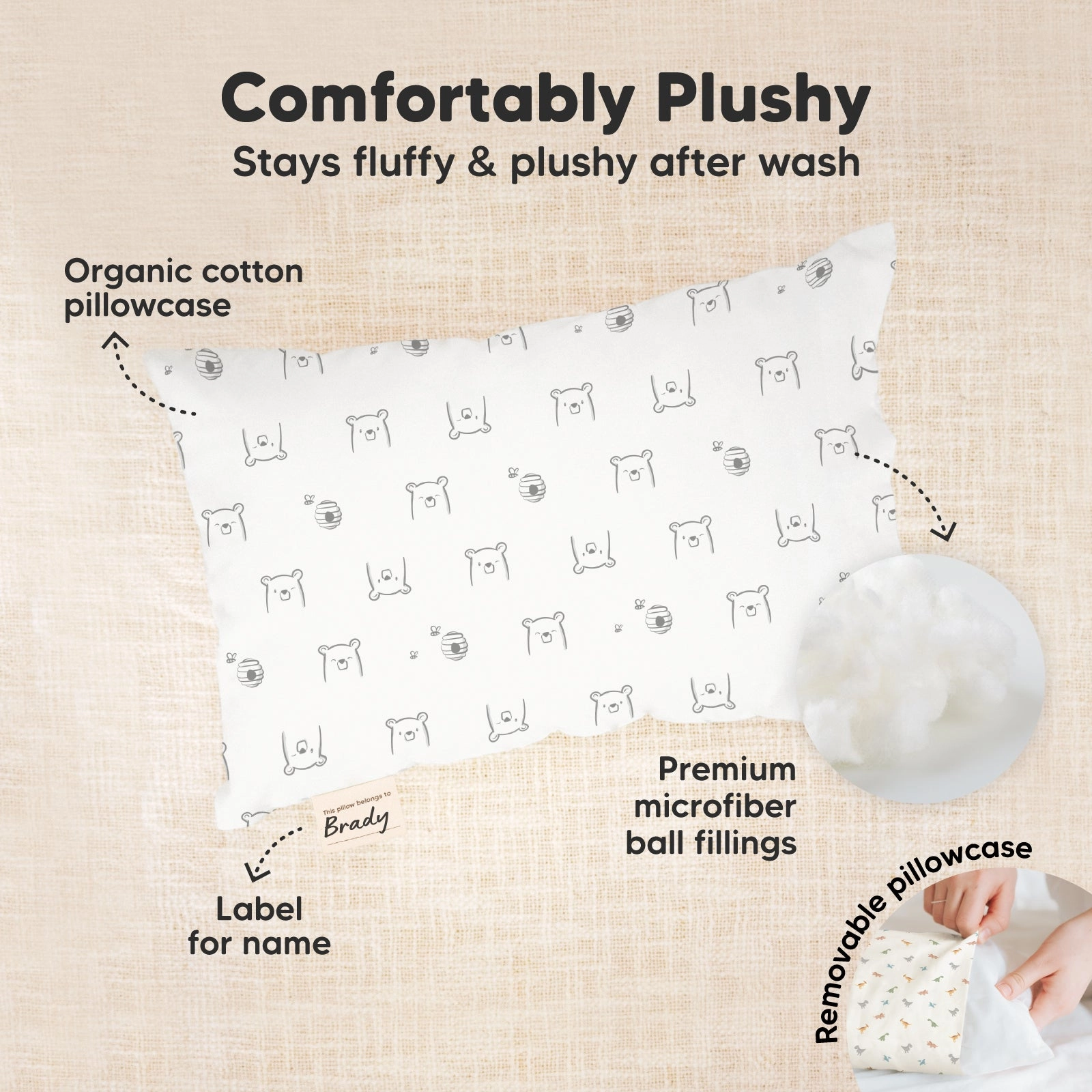 Mini Toddler Pillow With Pillowcase (Bumble Bear)