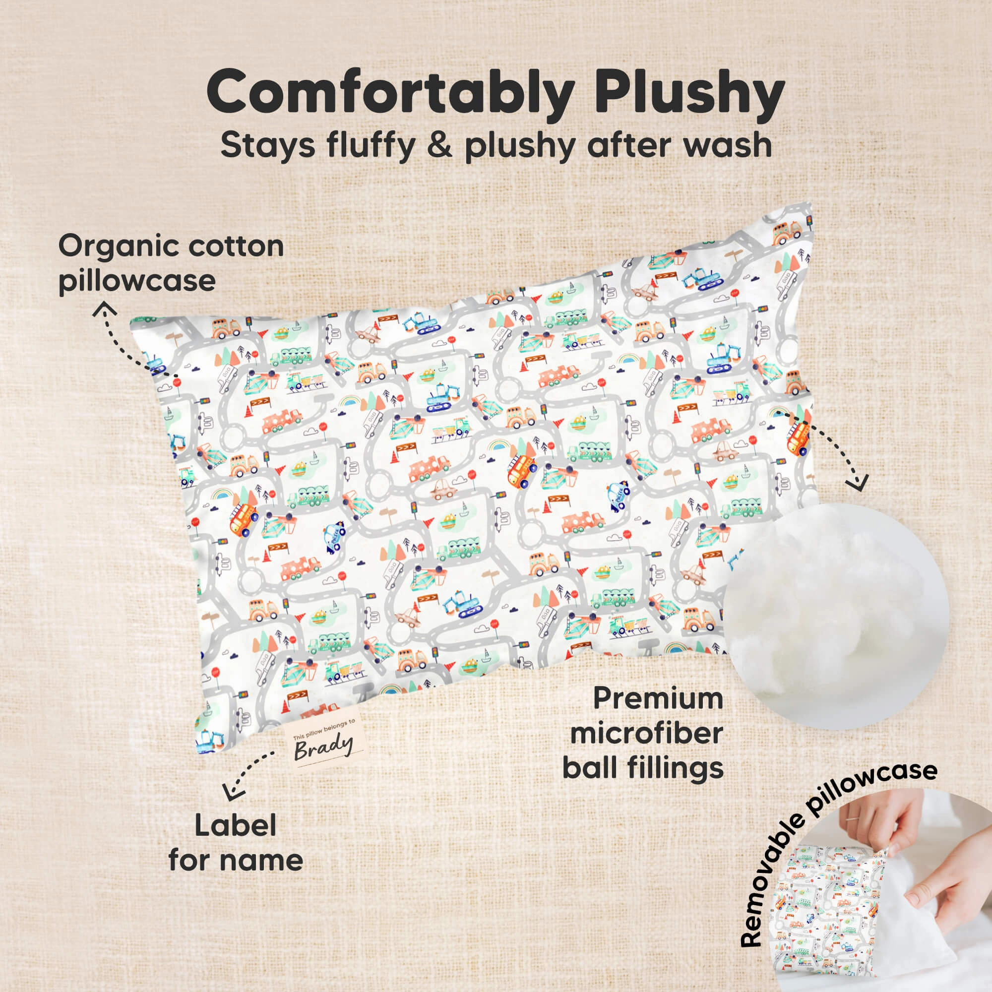 Mini Toddler Pillow With Pillowcase (Roadway)