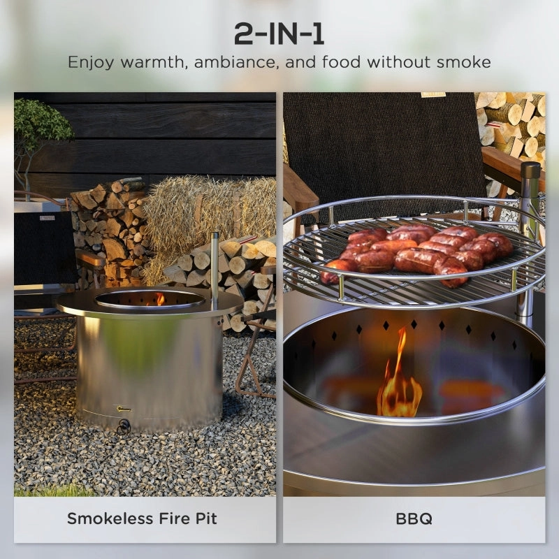 Outsunny 2-in-1 Smokeless Firepit- Silver Stainless Steel