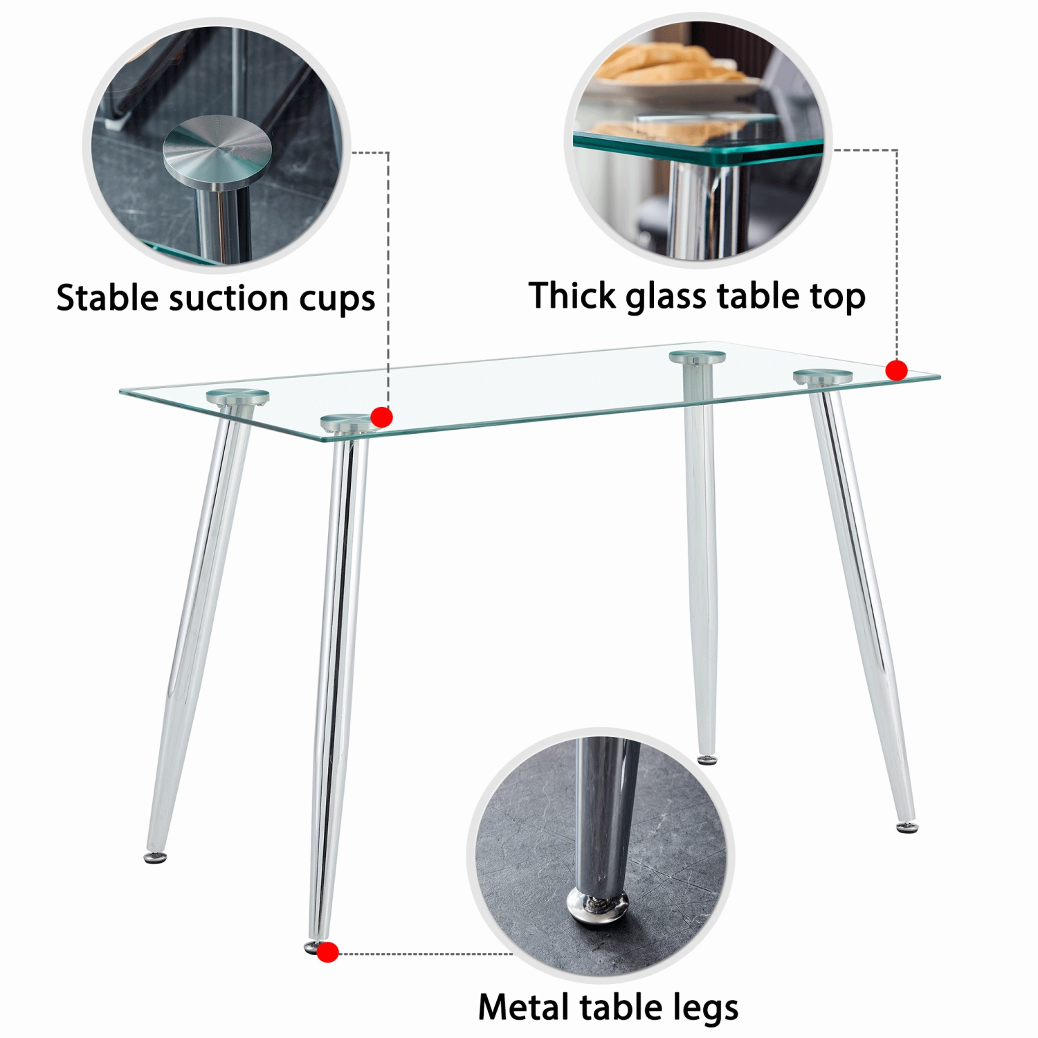Streamdale Glass Dining Table, Modern Rectangular, Silver Legs, 51"