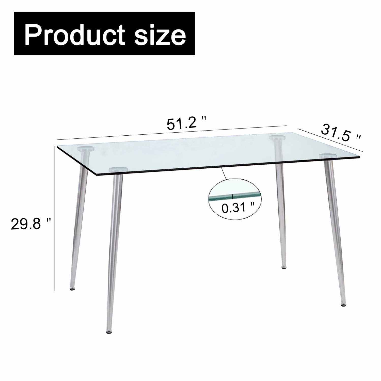 Streamdale Glass Dining Table, Modern Rectangular, Silver Legs, 51"