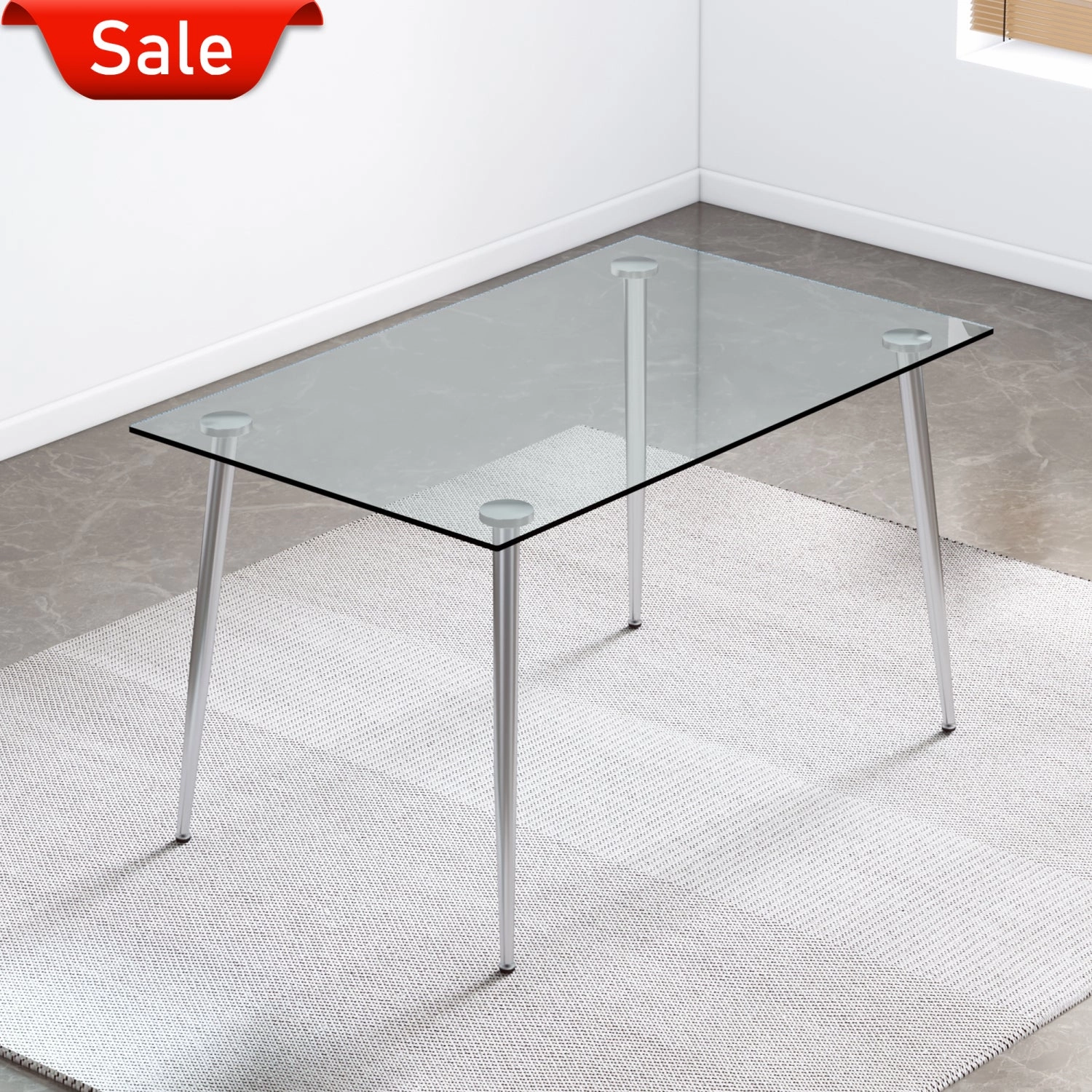 Streamdale Glass Dining Table, Modern Rectangular, Silver Legs, 51"