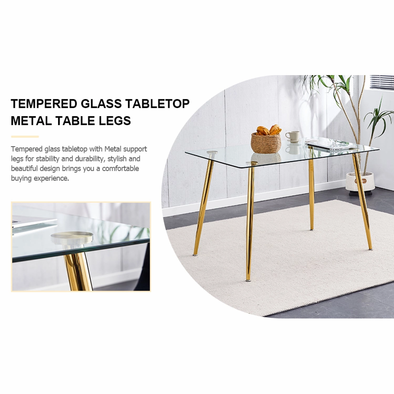 Streamdale Modern Glass Dining Table, Golden Legs, 51" Kitchen/Living Room