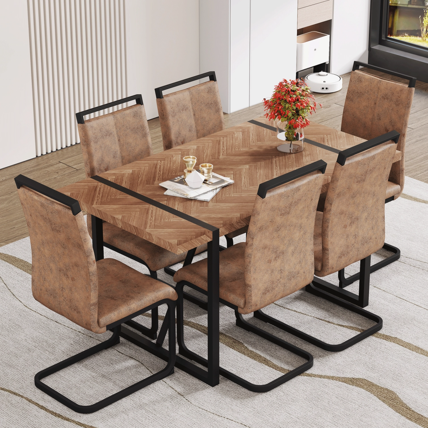 Streamdale Retro Wood Table & 6 Brown Tech Fabric Chairs