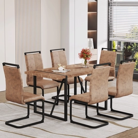 Streamdale Retro Wood Table & 6 Brown Tech Fabric Chairs