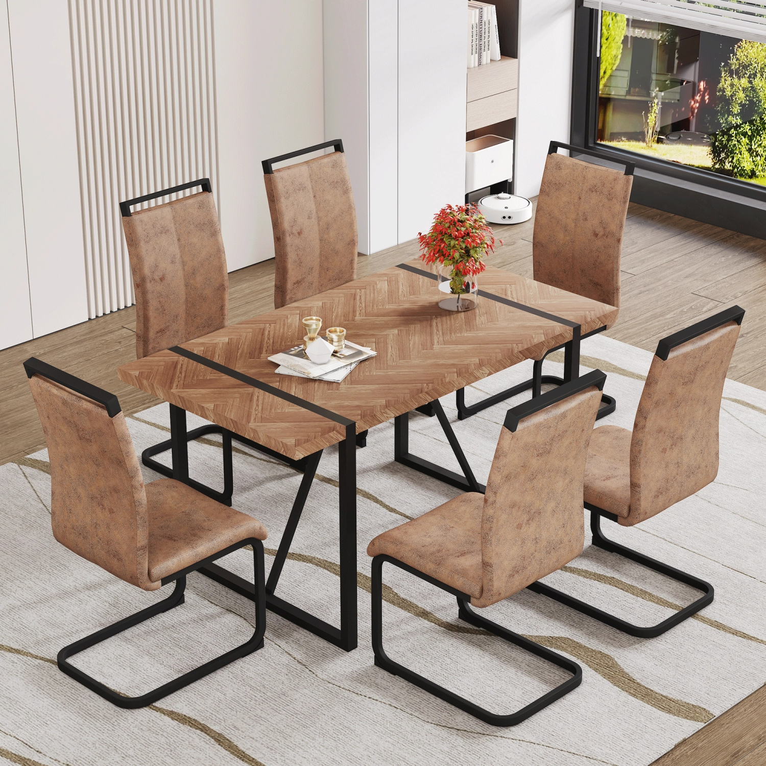 Streamdale Retro Wood Table & 6 Brown Tech Fabric Chairs