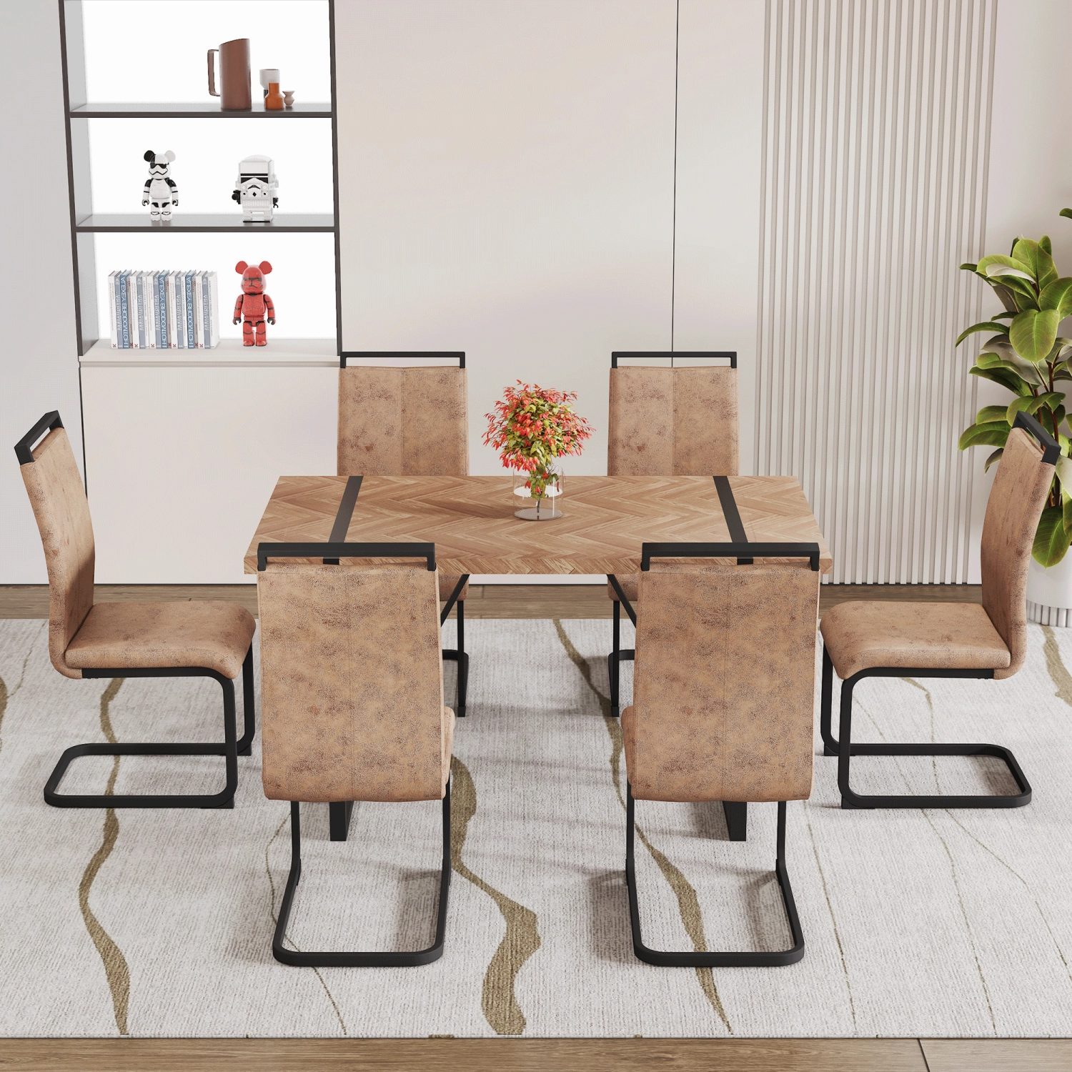 Streamdale Retro Wood Table & 6 Brown Tech Fabric Chairs