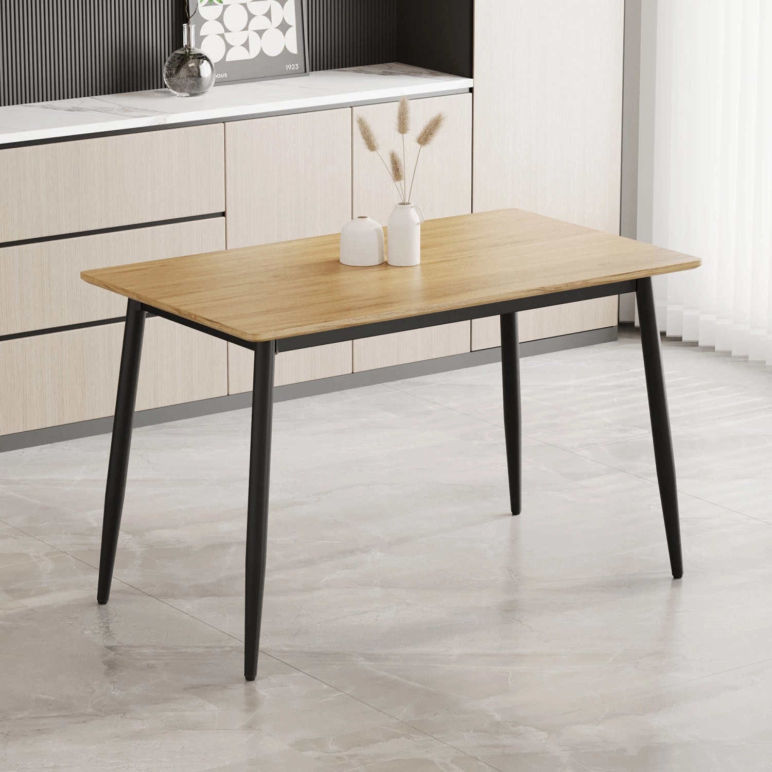 Streamdale Wood Grain Dining Set, Black Metal Legs, Seats 4-6