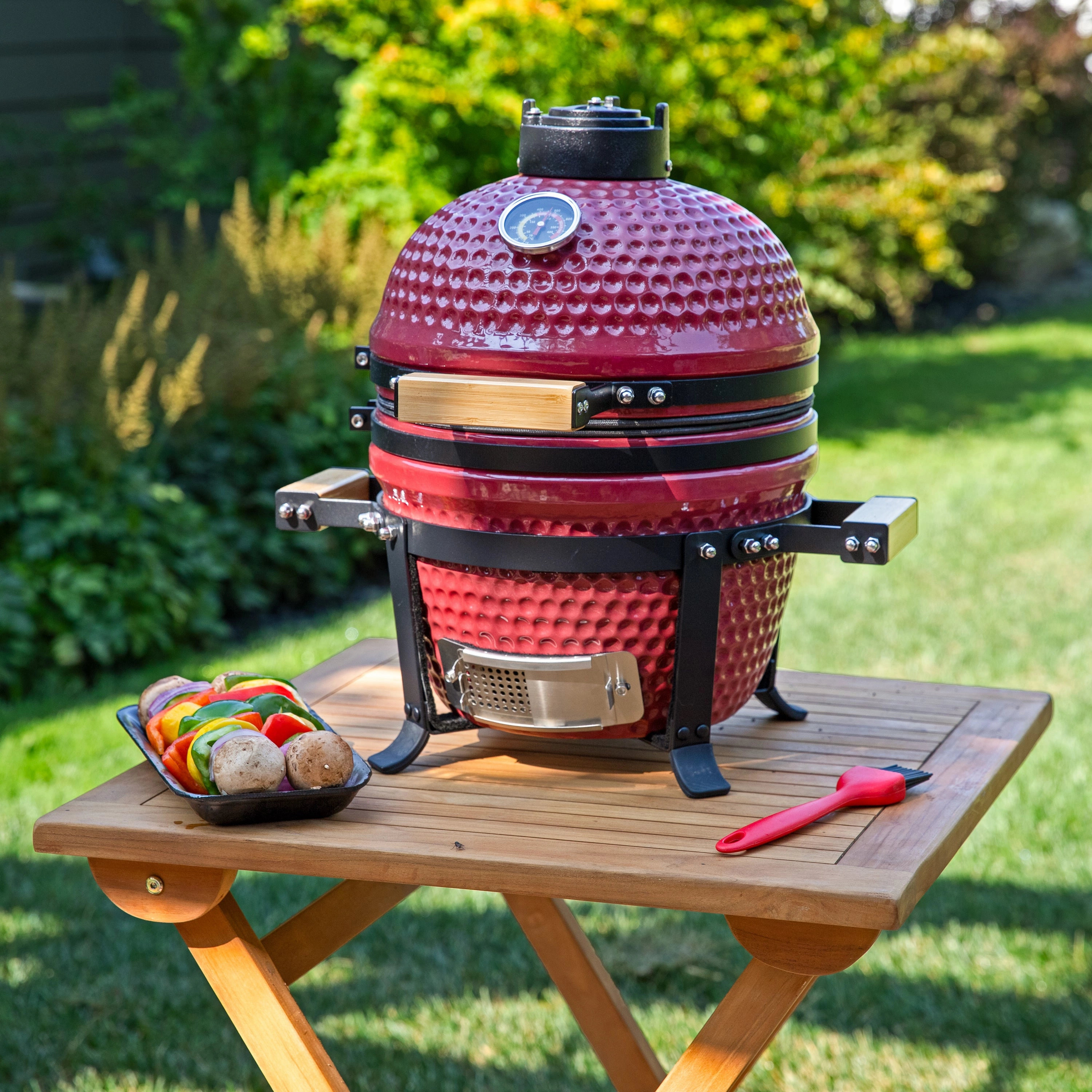 Sunnydaze Tabletop Ceramic Egg Kamado Charcoal Grill and Smoker with Stand